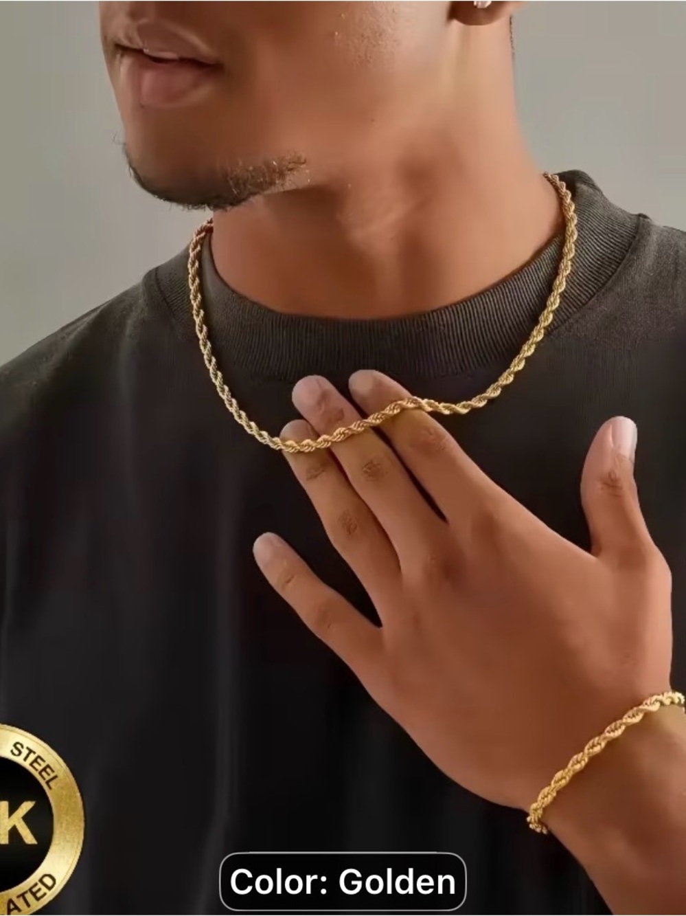 2PCS Men's Golden Rope Chain Necklace and Bracelet Set